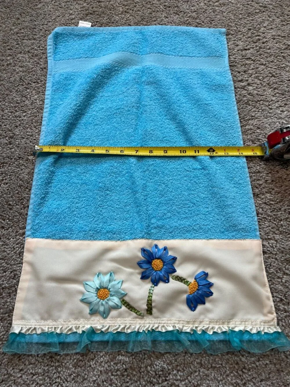 Vtg 3-Piece Bathroom Set Ribbon Embroidery Floral Ruffles Teal Blue Grannycore
